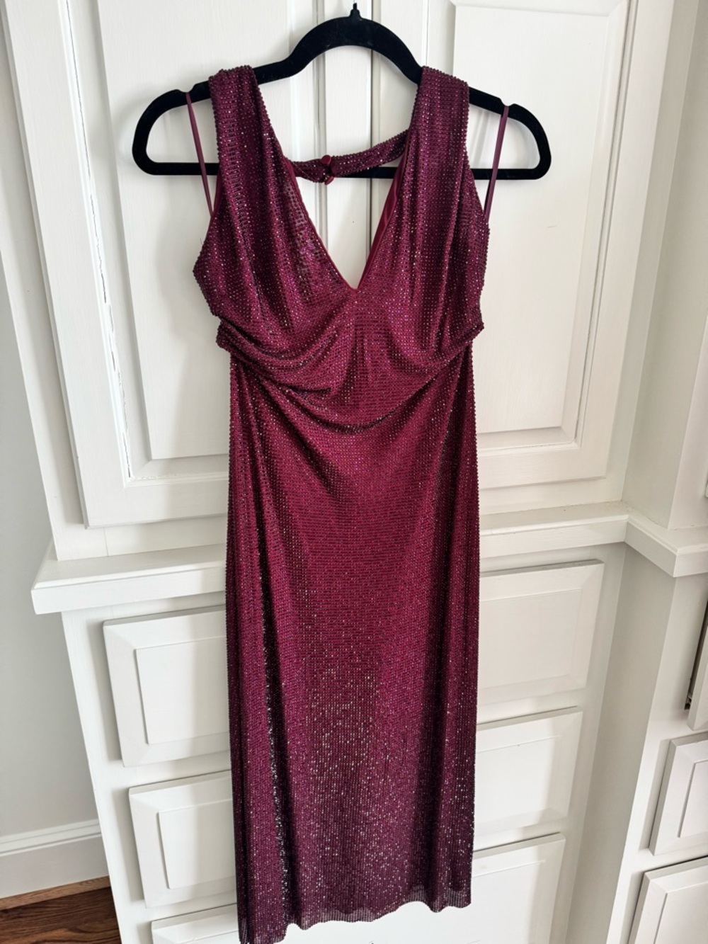 Meshki Burgundy Sparkle Halter Midi Dress - Picture 5 of 8
